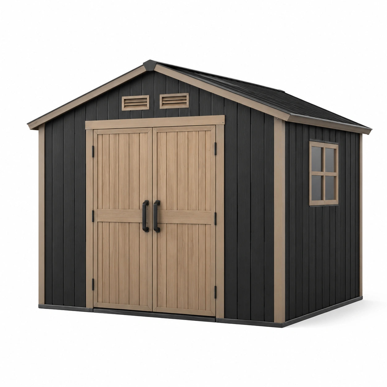 Abri de jardin en résine avec double porte en noir et beige