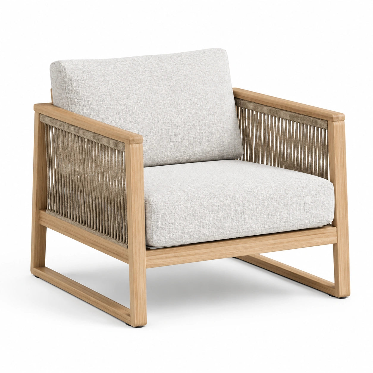 Fauteuil en bois avec coussins en tissu gris