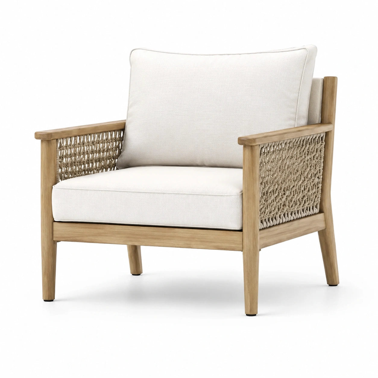 Fauteuil en bois d'acacia et corde avec coussins en polyester beige