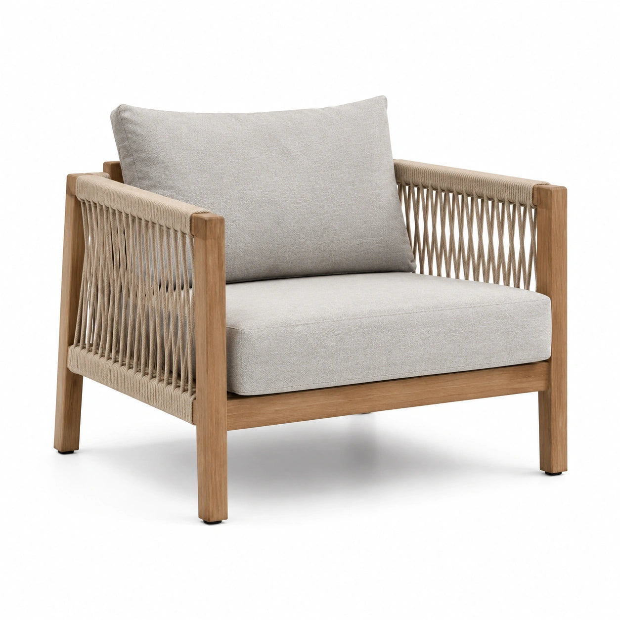 Fauteuil en teck et corde avec coussins en polyester gris