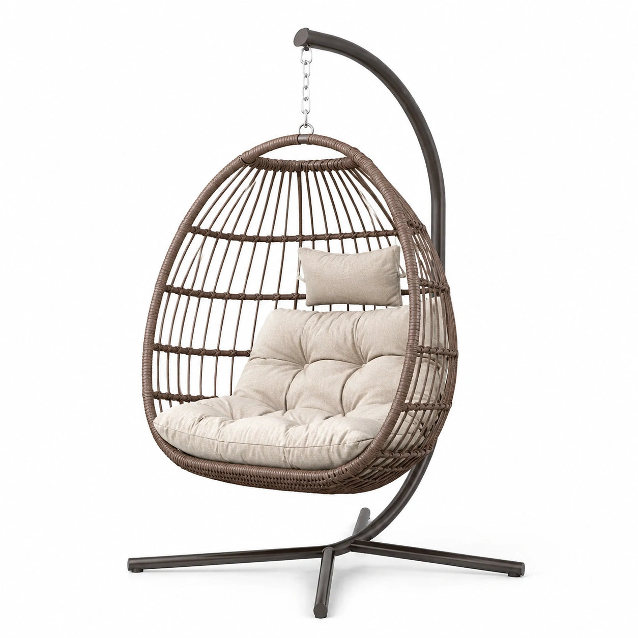 Chaise suspendue en résine tressée avec coussins crème et structure en acier