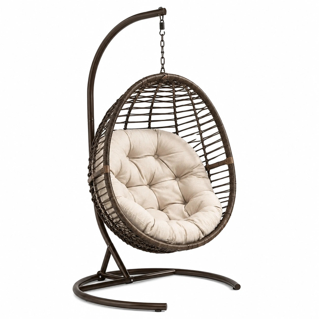 Fauteuil suspendu en métal et résine tressée avec coussin beige, 195cm x 105cm