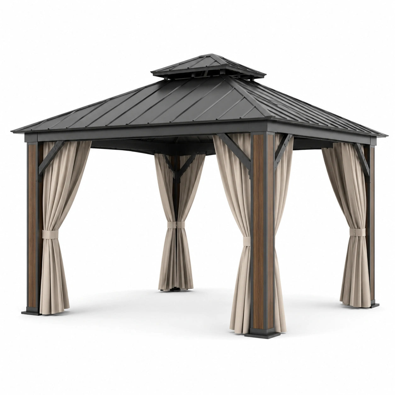 Pavillon de jardin en métal et bois avec rideaux polyester