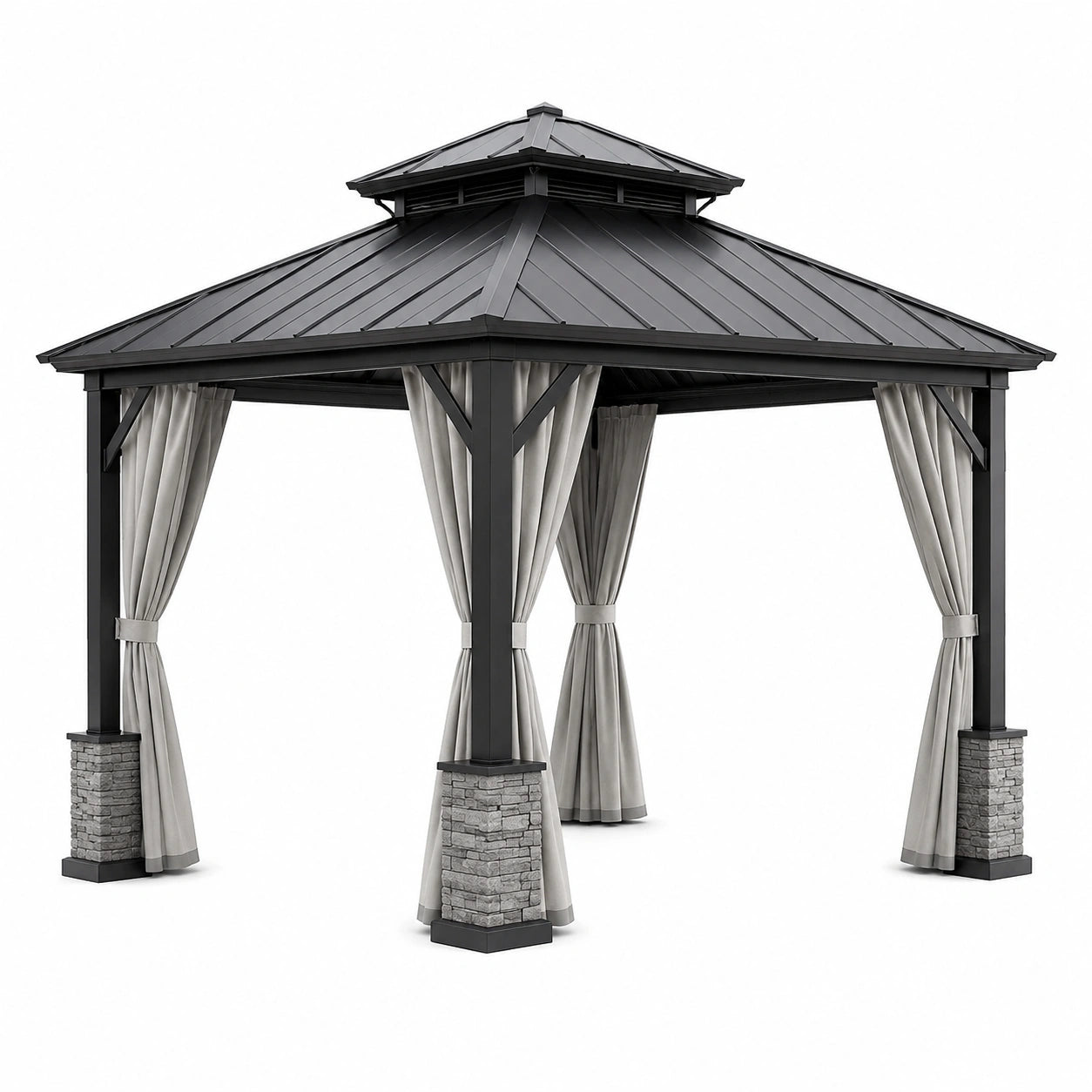 Pavillon de jardin en aluminium avec toit en acier et rideaux en polyester