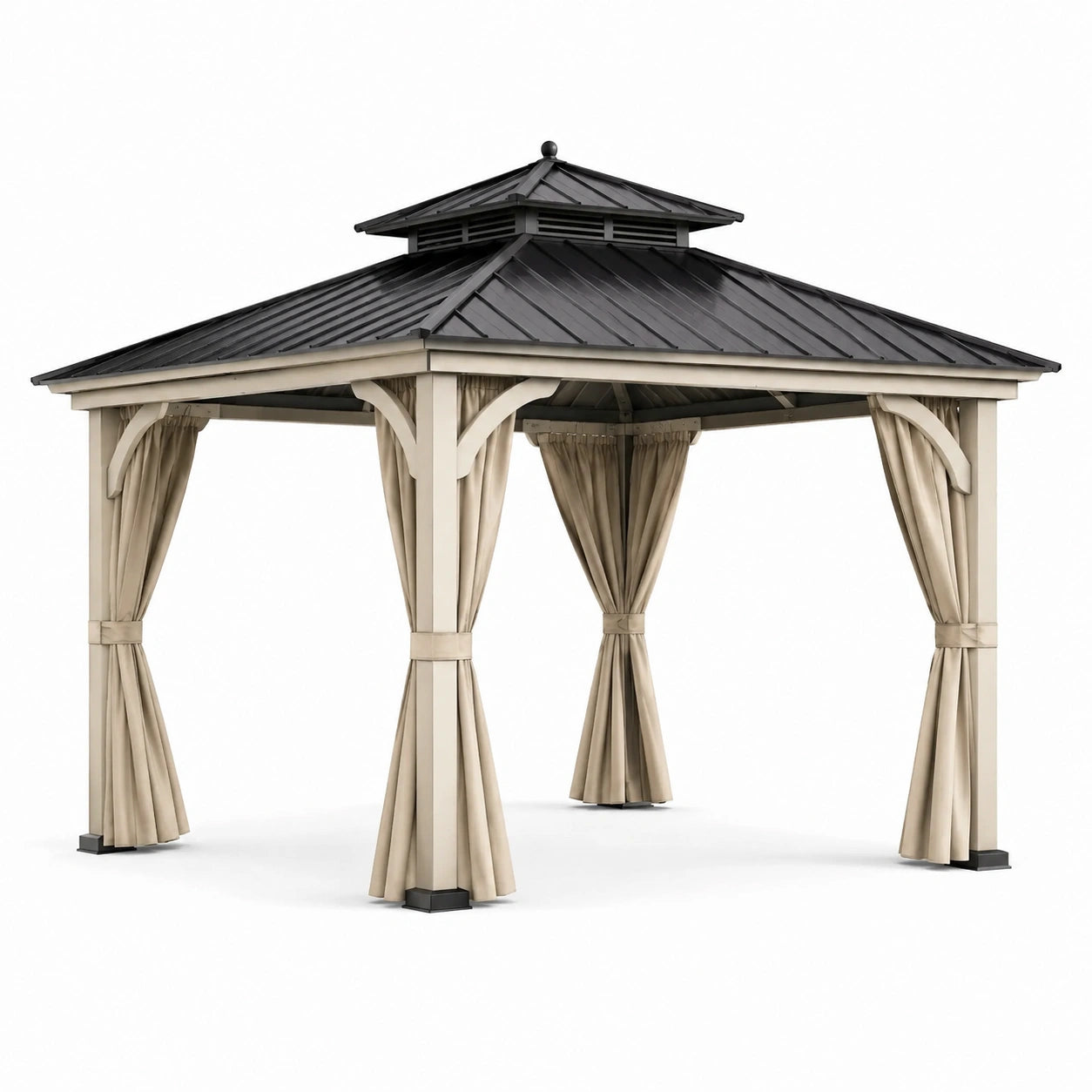 Pavillon de jardin en aluminium avec toit en acier et rideaux en polyester
