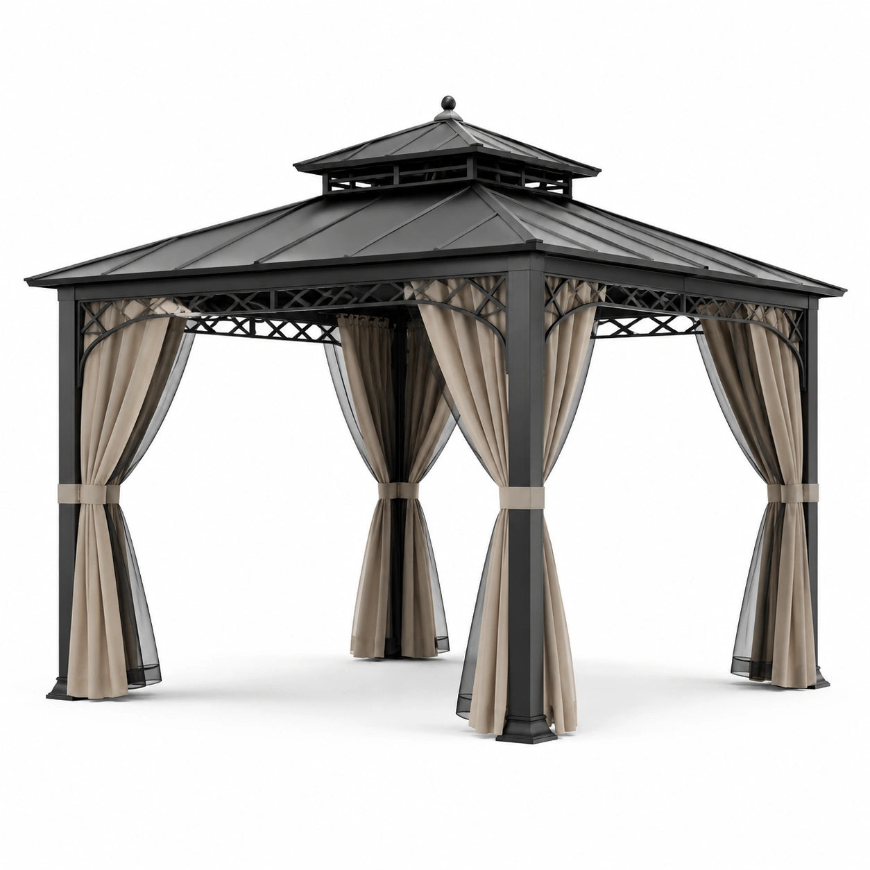 Pavillon en métal avec rideaux en polyester 3x3m noir et beige
