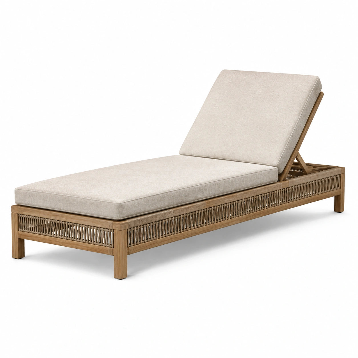 Chaise Longue en Bois et Corde avec Coussin en Tissu Polyester Beige
