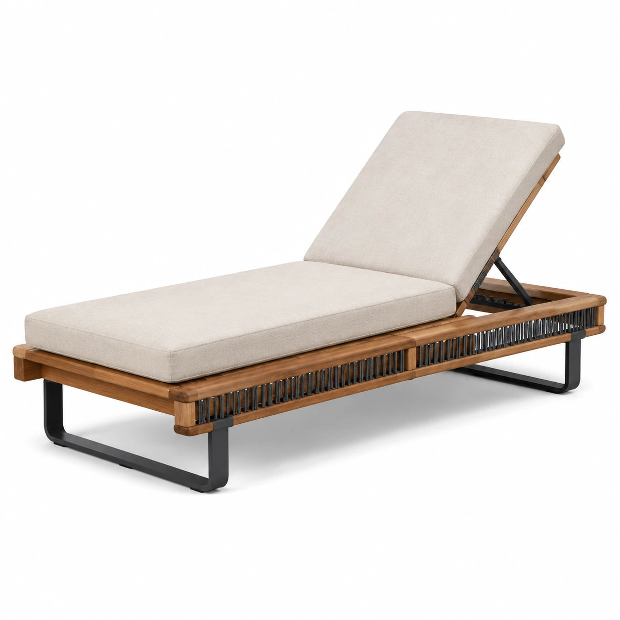 Chaise longue de jardin en teck et aluminium avec coussin en polyester beige