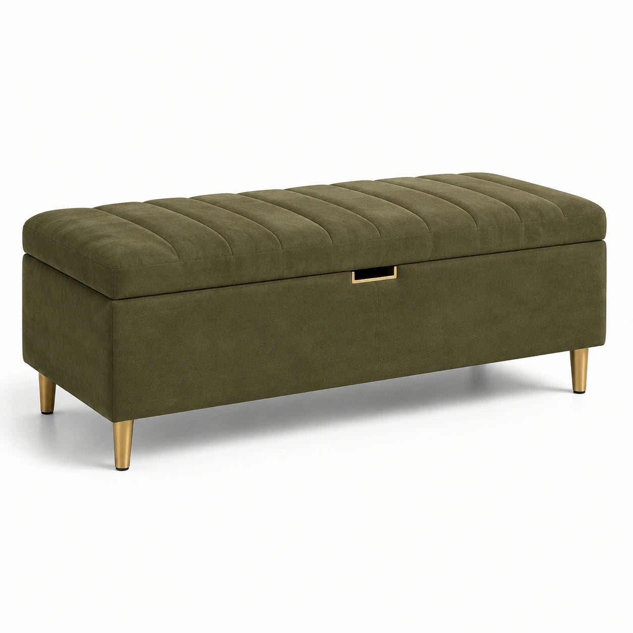 Banc de rangement en velours vert avec pieds en métal doré 140 cm