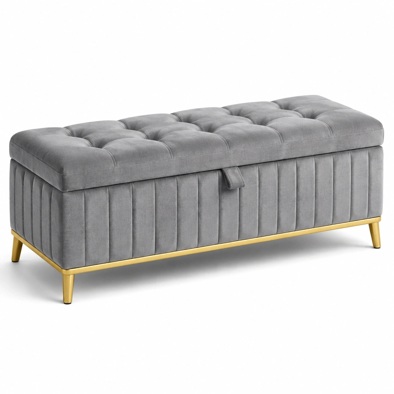 Banc de rangement en velours gris avec pieds en métal doré