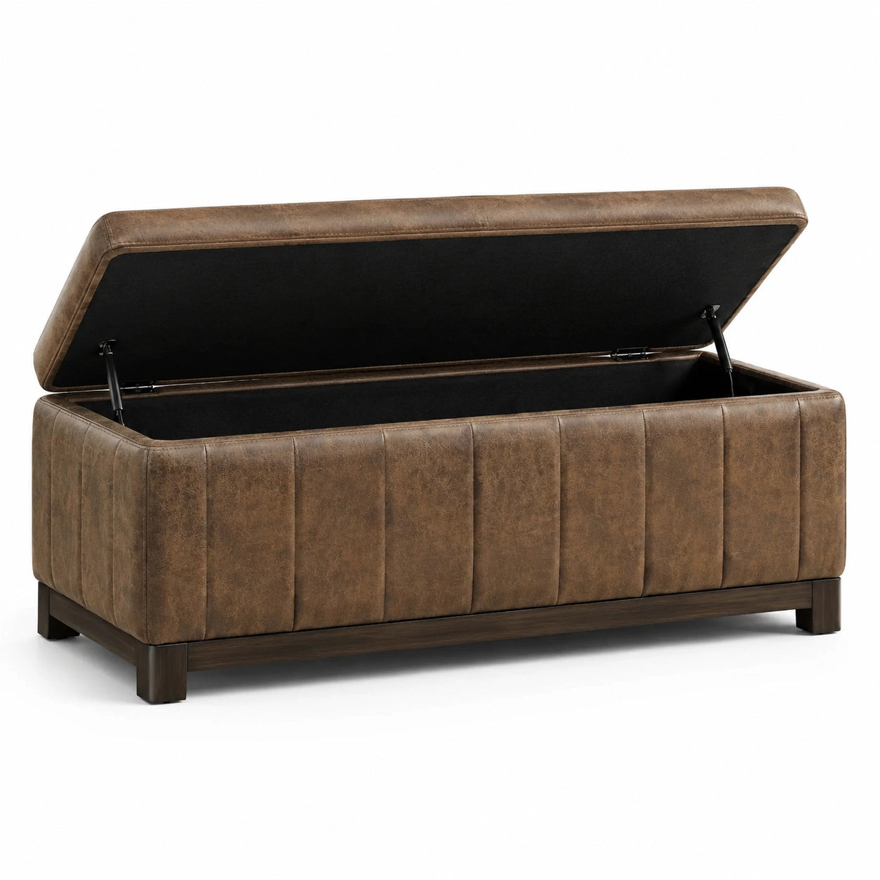 Banc de rangement en cuir synthétique marron avec pieds en bois