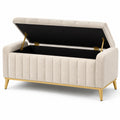 Banc de rangement en tissu bouclé beige avec pieds en métal doré 120x45x55cm