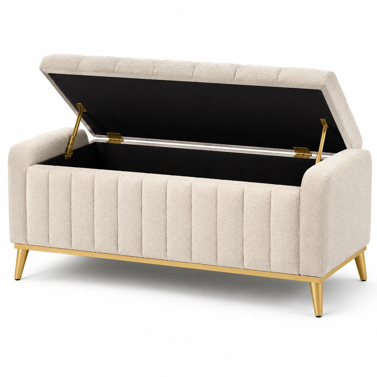 Banc de rangement en tissu bouclé beige avec pieds en métal doré 120x45x55cm