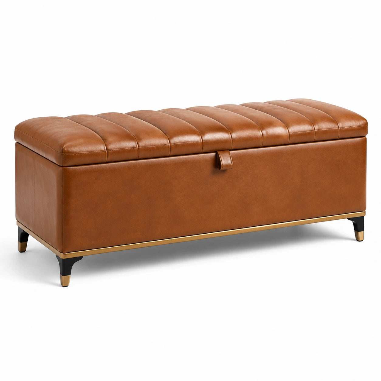 Banc de rangement en cuir synthétique brun avec pieds en métal 120 cm
