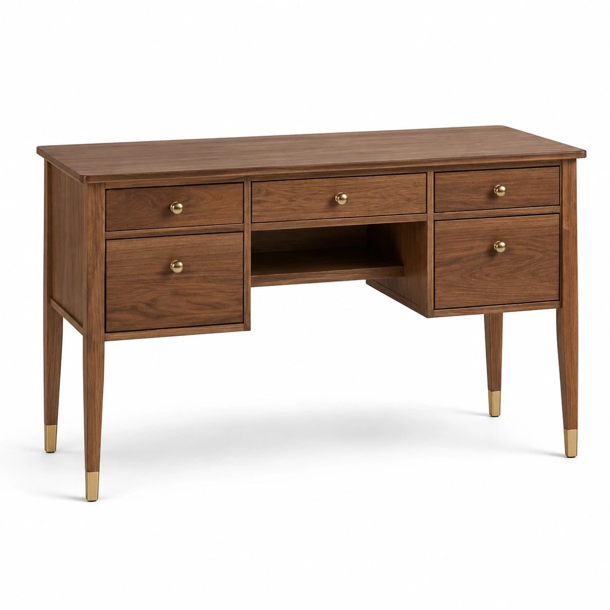 Bureau en bois avec poignées dorées, 120x50x75 cm, noyer