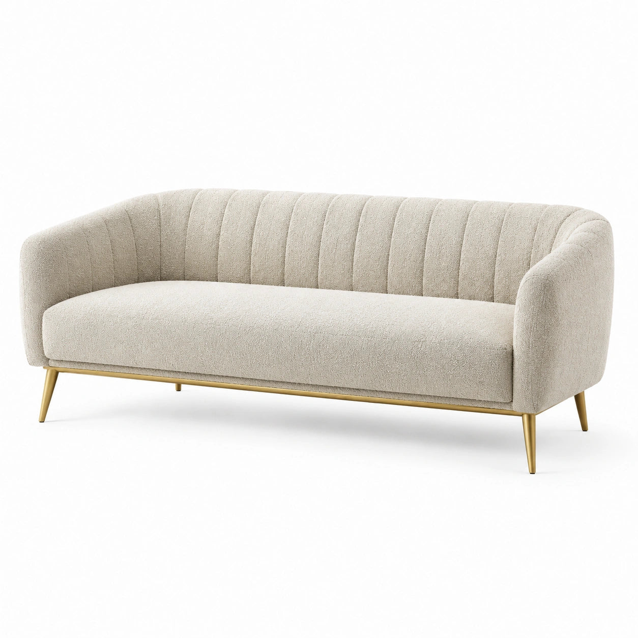 Canapé 3 places en tissu polyester beige avec pieds en métal doré