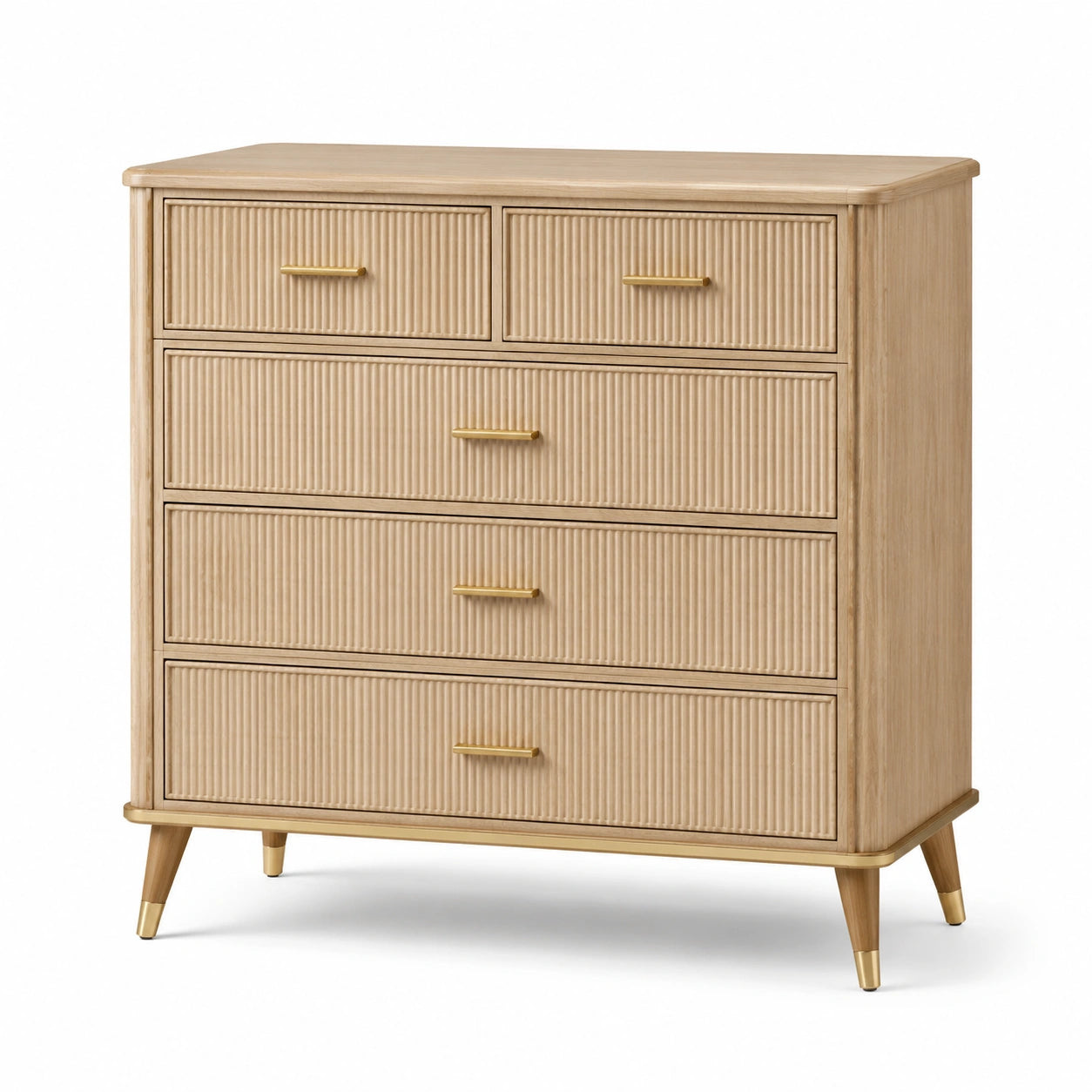 Commode en chêne avec poignées métalliques dorées, 5 tiroirs