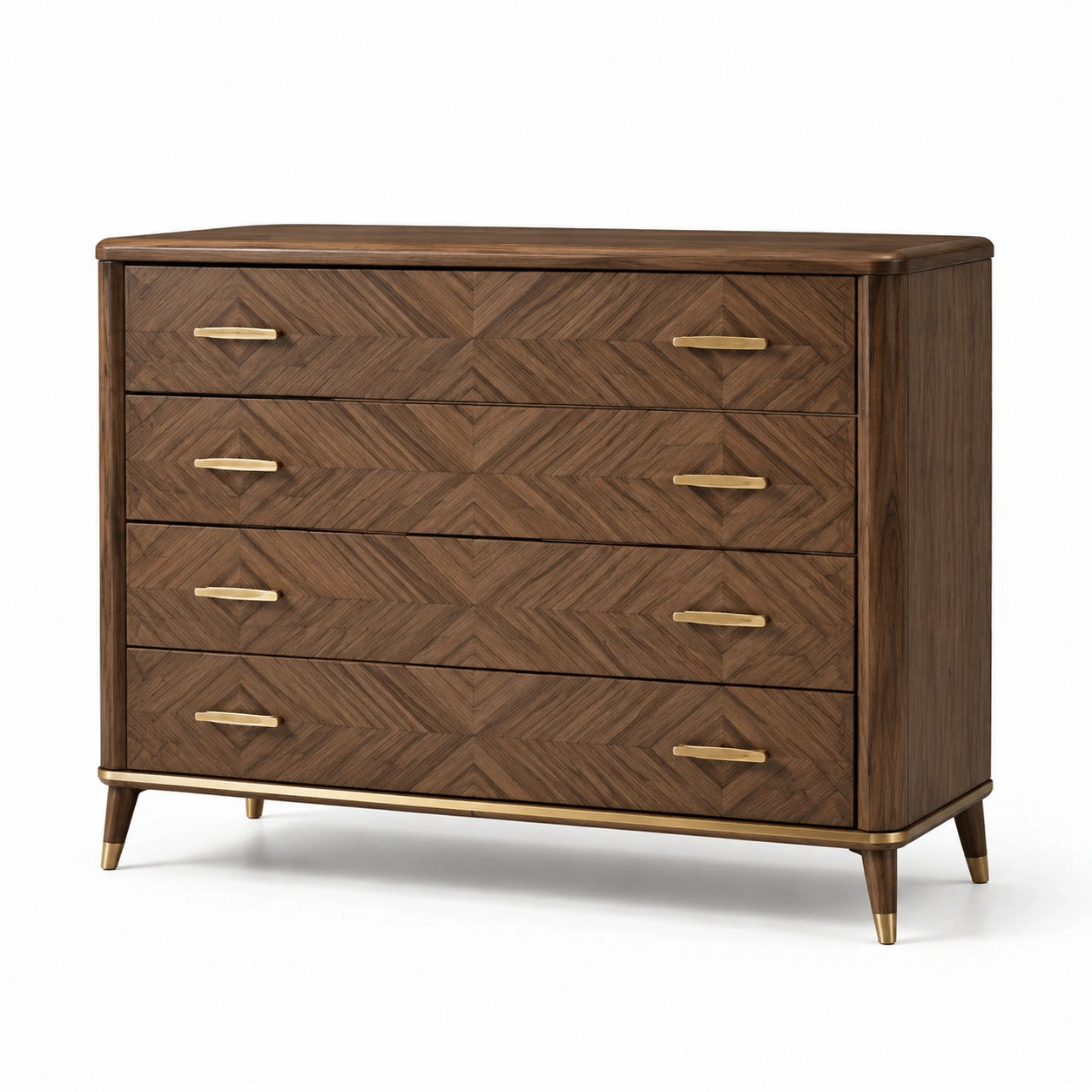 Commode en bois massif de noyer avec poignées en laiton, 5 tiroirs